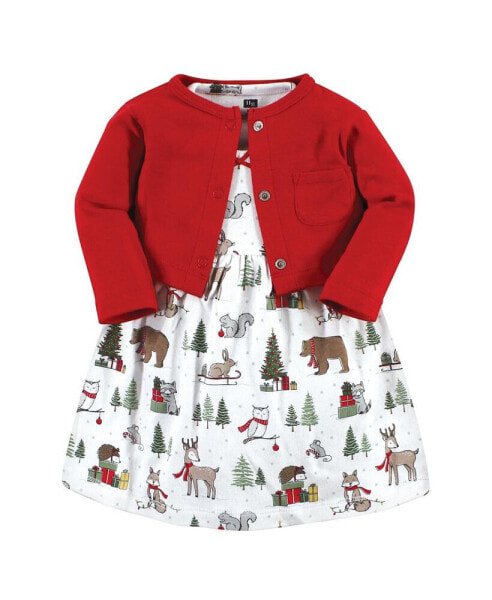 Baby Girls Cotton Dress and Cardigan Set, Red Winter Forest