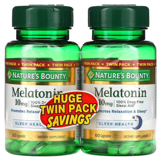 Nature's Bounty, Мелатонин, две упаковки, 10 мг, по 60 капсул в каждой