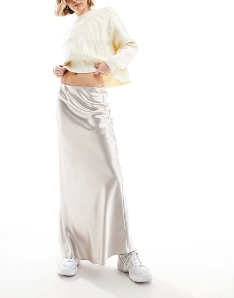 Miss Selfridge liquid satin bias maxi skirt in silver