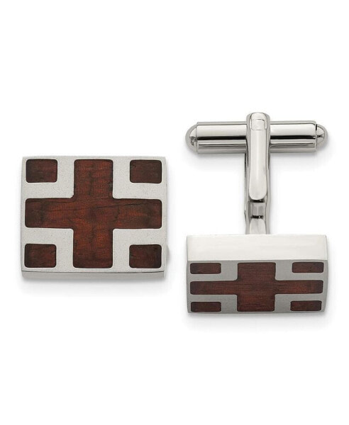Stainless Steel Polished Cherry Wood Inlay Cross Cufflink