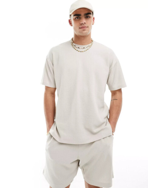 New Look co-ord waffle oversized tshirt in stone