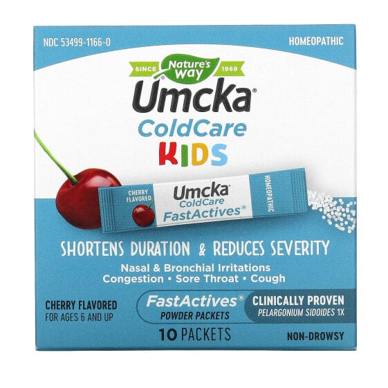 Детский препарат Umcka, Kids ColdCare, FastActives, For Ages 6 and UP, Cherry от NATURE'S WAY, 10 порций, 0,7 г каждая