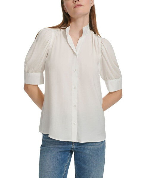 Women's Charmeuse Puff-Sleeve Stand-Collar Top