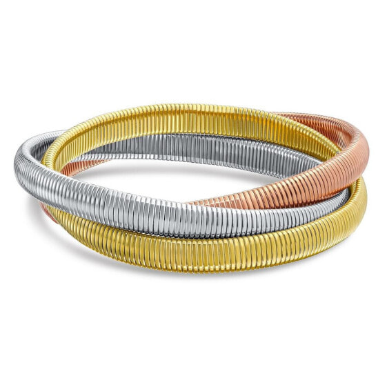 Three Tone Triple Strand Snake Wide Bangle Twisted Bracelet Bands Set Interlocking Stretch Bracelets Gold Plated Stainless Steel Fits 8 to 8.5 inch