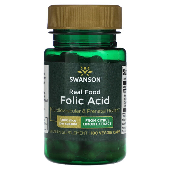 Витамины группы В Swanson Real Food Folic Acid, 1,000 мкг, 100 Вегетарианских капсул