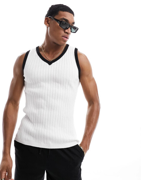 ASOS DESIGN muscle lightweight knitted rib V neck vest in white with contrast