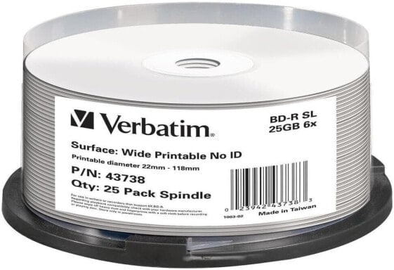 Verbatim 43738 25GB BD-R SL 6x Wide Printable 25 Pack Spindle