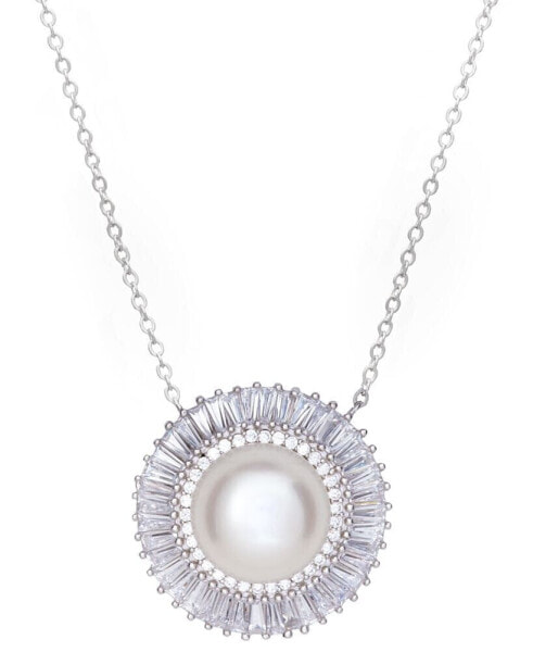 Cultured Freshwater Mabé Pearl (12mm) & Cubic Zirconia Baguette Pendant Necklace in Sterling Silver, 16" + 2" extender