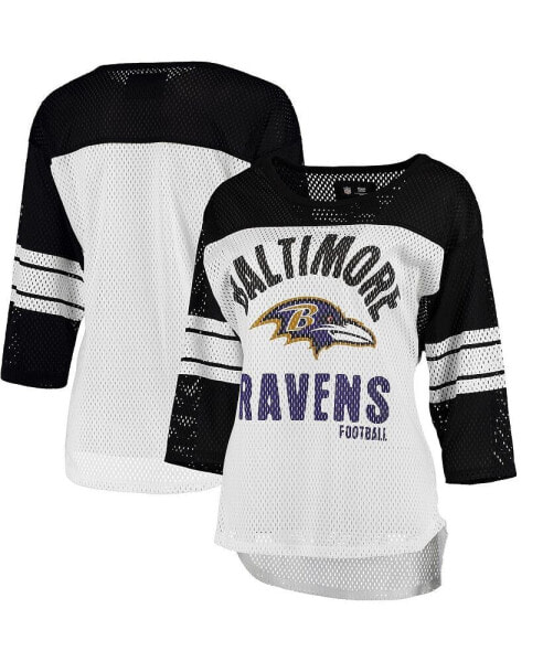 Women's White and Black Baltimore Ravens First Team Three-Quarter Sleeve Mesh T-shirt