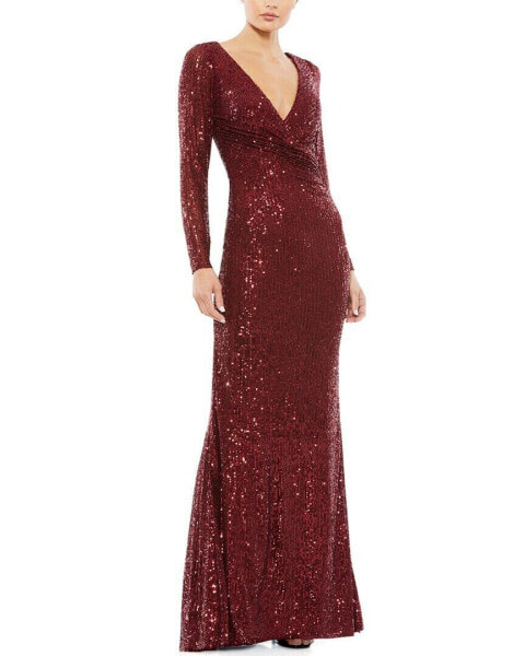 Mac Duggal Sequined Faux Wrap Column Gown Women's