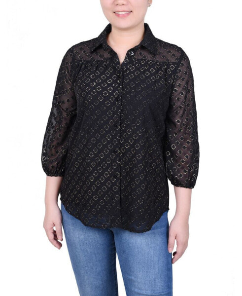 Petite 3/4 Sleeve Foiled Jacquard Chiffon Blouse