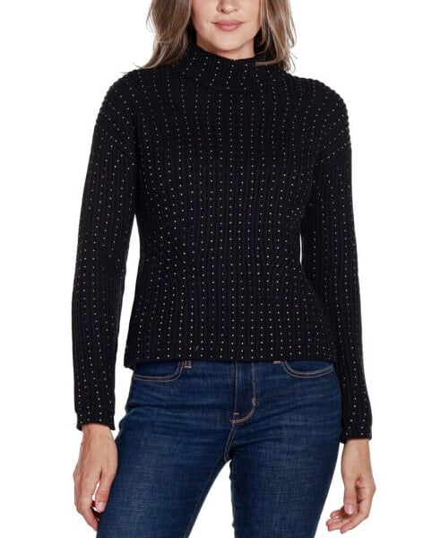 Black Label Women's Embellished Mock Neck Ribbed Sweater