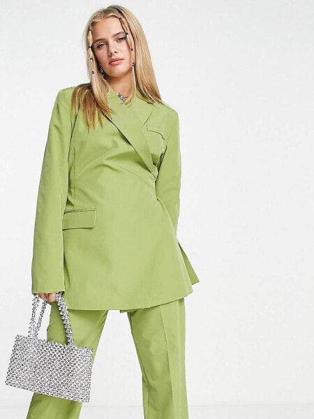 COLLUSION slim blazer with wrap detail in lime green co-ord