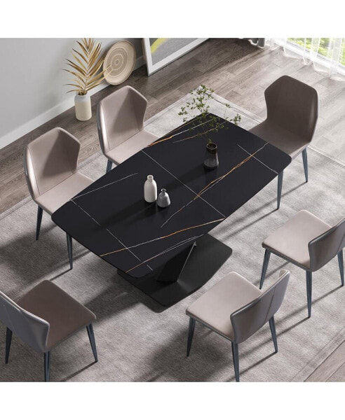 63" Modern Artificial Stone Black Curved Black Metal Leg Dining Table -6 People