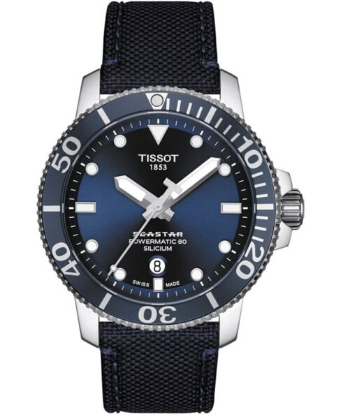 Men's Swiss Automatic T-Sport Seastar 1000 Powermatic 80 Silicium Blue Fabric Strap Diver Watch 43mm