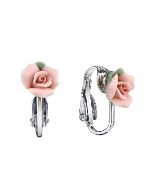 Серьги 2028 Silver Tone Porcelain Rose Clip-on