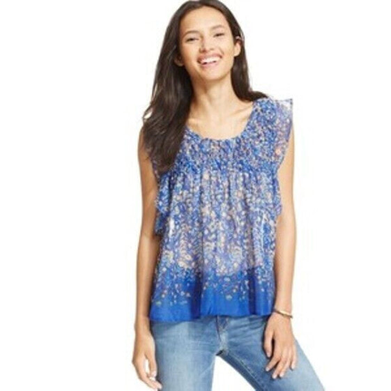 Jessica Simpson Women's Printed Flutter Sleeve Blouse Blue Size XS