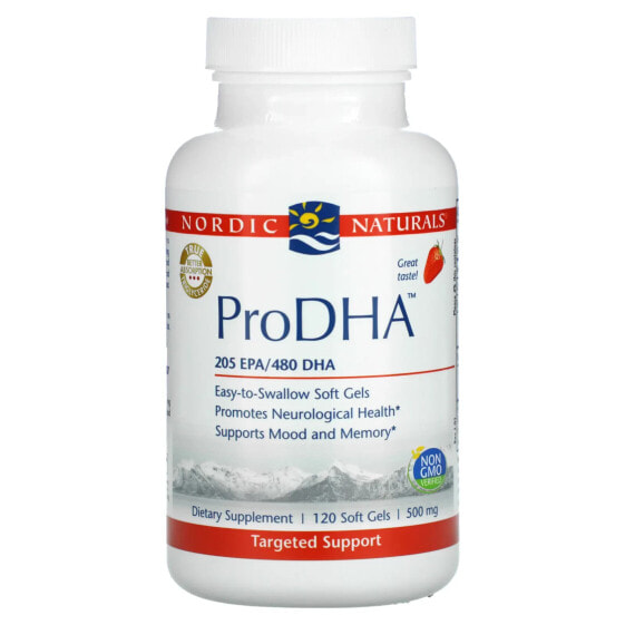 БАД Рыбий жир ProDHA с клубникой, 500 мг, 120 мягких гелей (250 мг в одном геле) Nordic Naturals