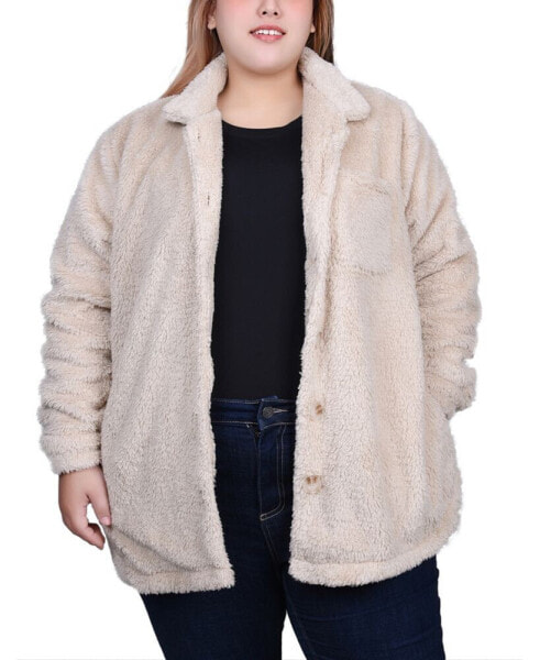 Plus Size Long Sleeve Button Front Sherpa Jacket