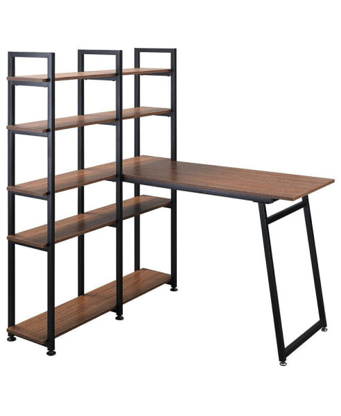 5 Tier Versatile L-Shaped Computer Desk, Writing Table with Display Shelves and Metal Frame, Space-Saving for Study, Home Office, Walnut