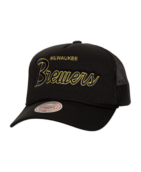 Mitchell Ness Men's Black Milwaukee Brewers Script Trucker Adjustable Hat