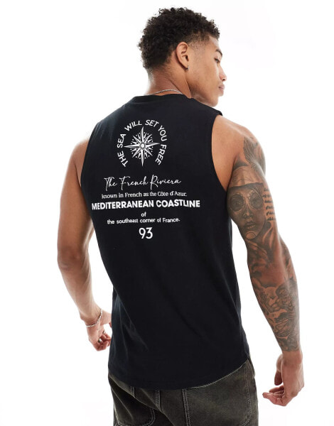 ASOS DESIGN tank vest in black with compass text back print