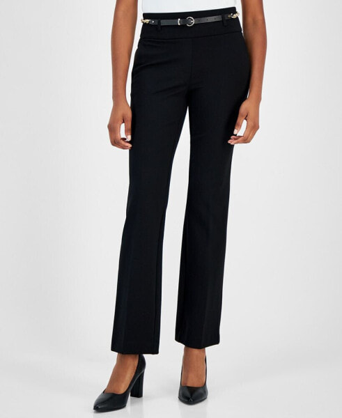 Petite Belted Mid-Rise Straight-Leg Pull-On Pants