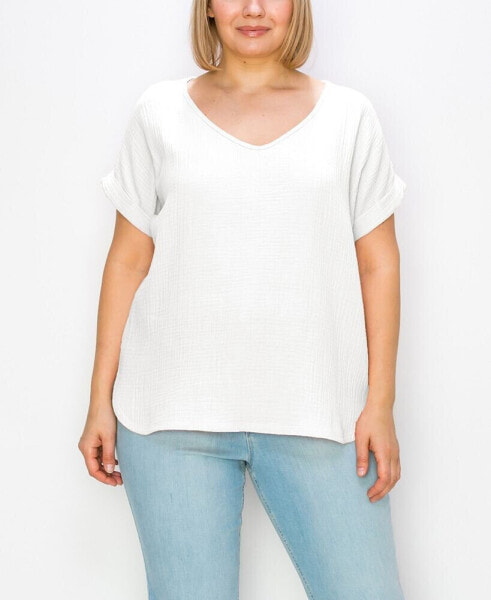 Plus Size Gauze V-neck Rolled Sleeve Top