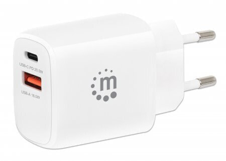 Manhattan Wall/Power Mobile Device Charger (Euro 2-pin) - USB-C and USB-A ports - USB-C Output: 20W - USB-A Output: 18W - White - Phone/Tablet Charger - Three Year Warranty - Retail Box - Indoor - AC - 12 V - White