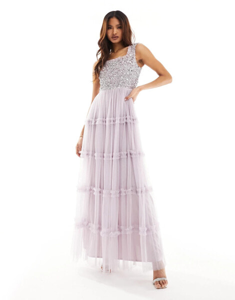 Beaaut Bridesmaid embellished maxi square neck dress with ruffle skirt in lilac