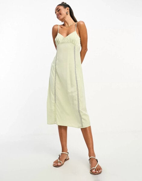 Lola May satin cami strap midi dress with cut out detail in sage