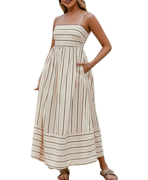 Women's Beige Striped Sleeveless Square Neck Maxi Beach Dress