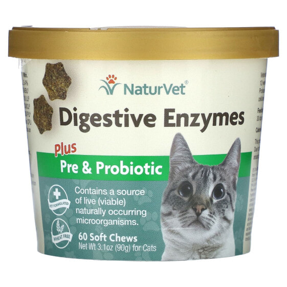 Ежедневная поддержка пищеварения NaturVet + Пребиотики и пробиотики для кошек, 60 мягких жевательных конфет 90 г (3,1 унции)