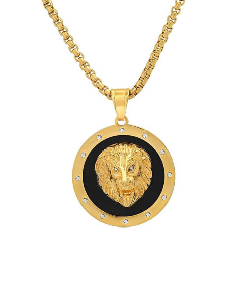 Men's 18k Gold Plated Stainless Steel, Black Enamel and Simulated Diamonds Lion Head Round Pendant