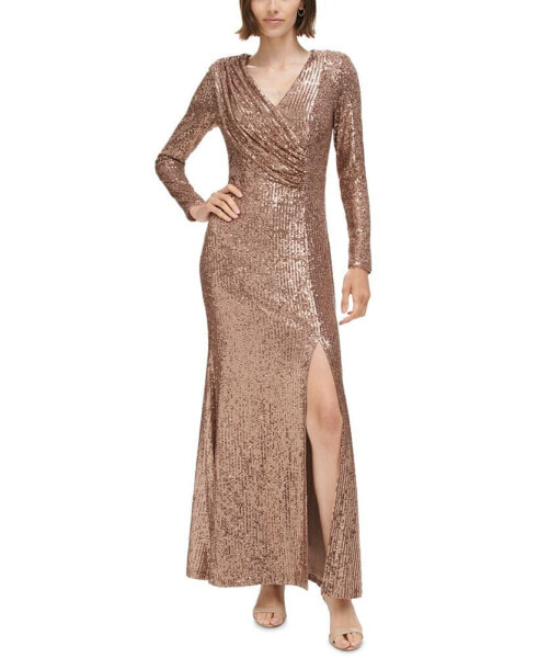Petite Sequined V-Neck Draped-Bodice Gown