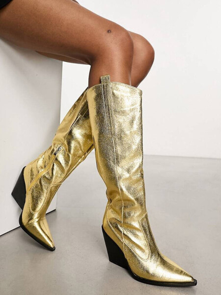 Public Desire Navada western knee boots in gold