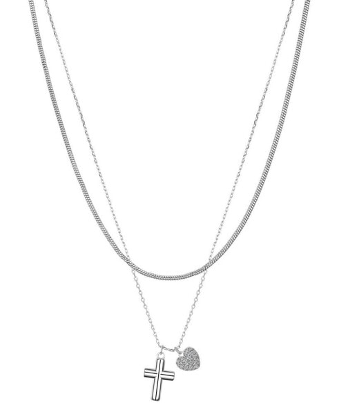 Cubic Zirconia Puff Cross and Heart Snake Chain Layered Pendant Necklace