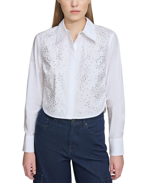 Women's Cotton Studded Cropped Shirt