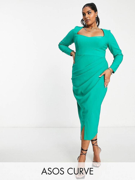 ASOS DESIGN Curve sweetheart neck midi dress with ruched wrap skirt in emerald green 