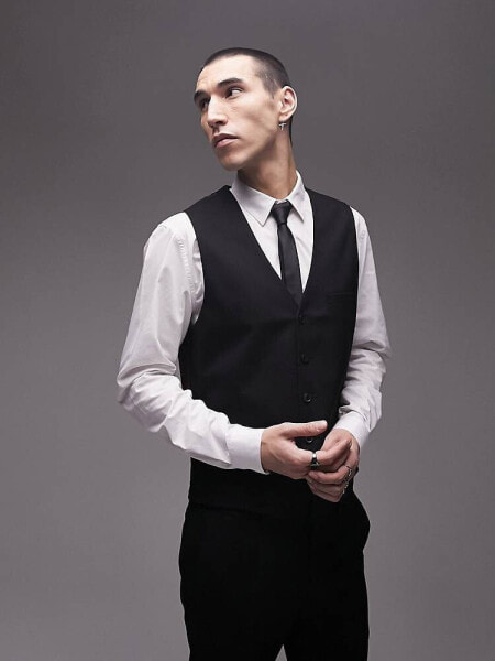 Topman textured suit waistcoat in black