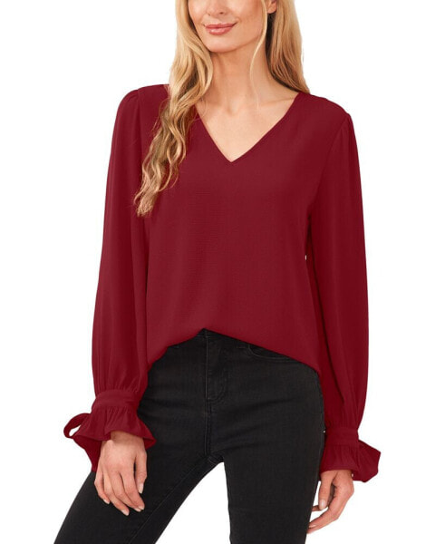Women's Solid Long Sleeve V-Neck Tie Cuff Blouse