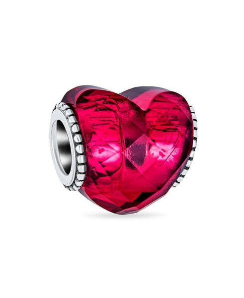 Valentine Love Rose Pink Heart Shape Faceted Murano Glass Spacer Charm Bead For Women Teen .925 Sterling Silver Core Fits European Bracelet