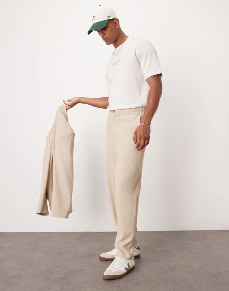 ASOS DESIGN rib texture barrel leg suit trouser in stone