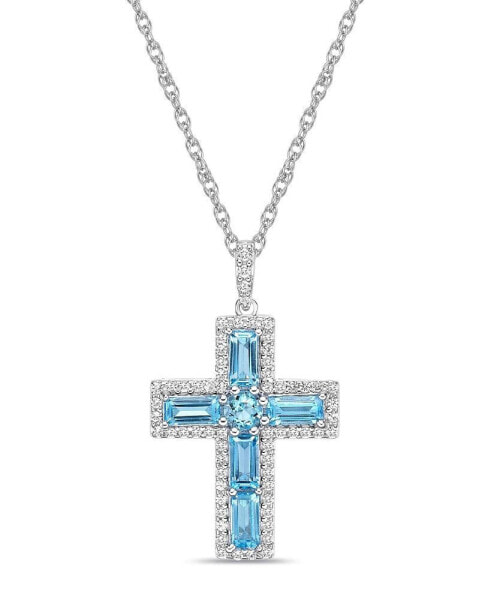 Macy's sterling Silver Halo Birthstone Style Genuine Swiss Blue and White Topaz Fancy Cut Cross Pendant Necklace