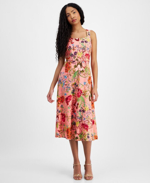 Women's Linen-Blend Floral-Print Midi Dress