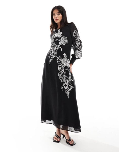 Hope & Ivy premium full maxi dress in black and white embroidery