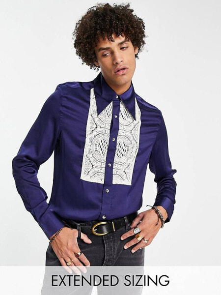 ASOS DESIGN satin shirt with lace bib and 70s collar in navy