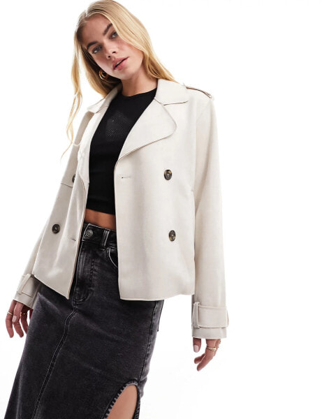 New look cropped suedette trench coat in stone