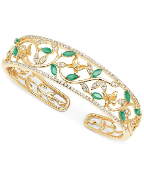 Emerald (1-7/8 ct. t.w.) & White Topaz (1-5/8 ct. t.w.) Openwork Cuff Bangle Bracelet in 14K Gold-Plated Sterling Silver