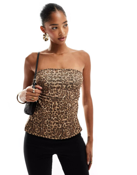 Pull&Bear gathered split side bandeau top in leopard print